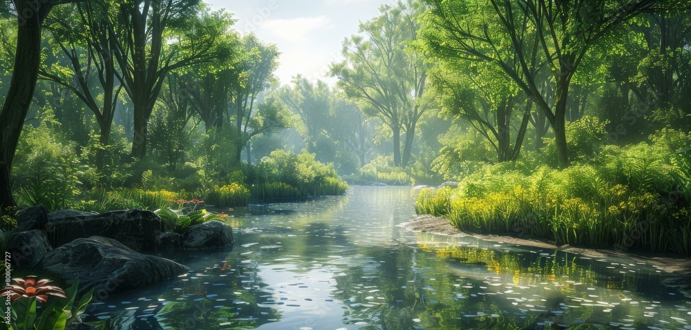 A tranquil river flowing through a lush green forest A tranquil river flowing through a lush green forest