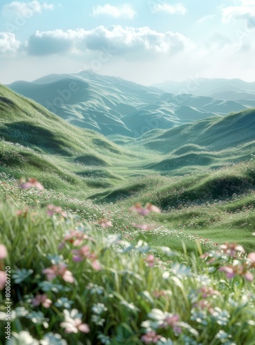 Rolling green hills with flowers in the foreground