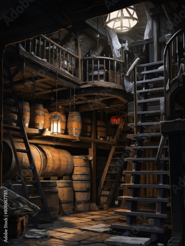 a little old dark basement, wood barrels, ladder from ceiling, medieval, dark, moody