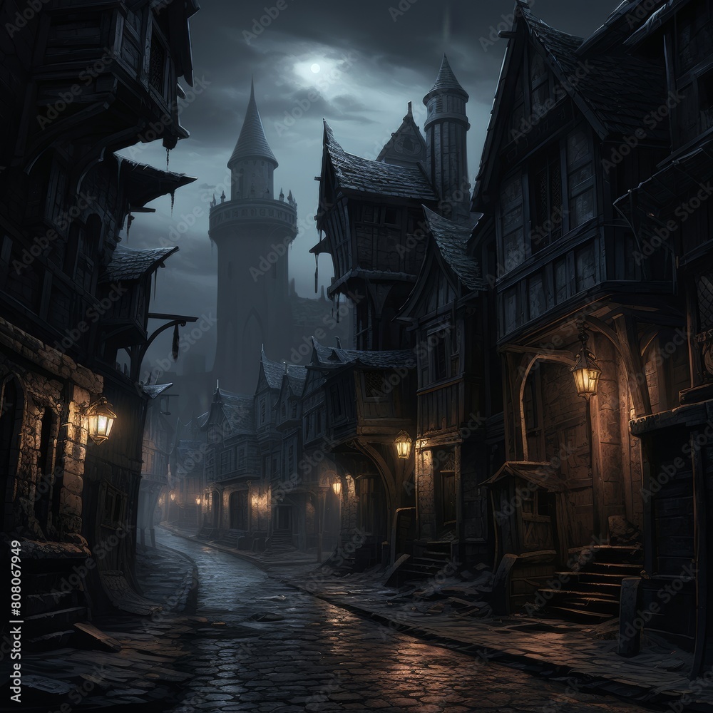 a medieval dark fantasy wizard's tower, cobblestone, on a dark city street, ominous, tall and drab, dungeons and dragons