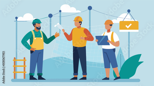 Safety inspectors checking the integrity of the netting and its ability to withstand potential hazards confirming that all regulations are being. Vector illustration
