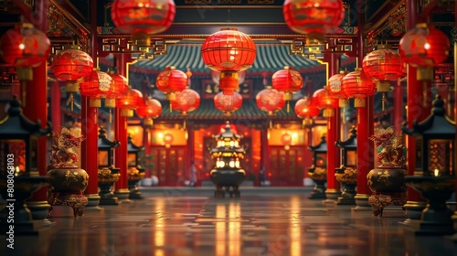 Chinese New Year celebration in a temple with red lanterns