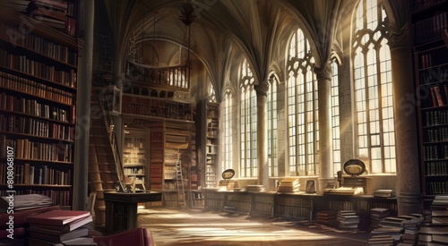 a medieval library with large windows
