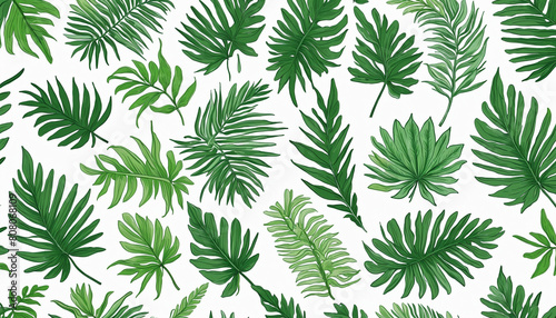 Green leaf pattern isolated on white background, featuring various plant species such as ferns, palm trees, and cannabis, in a seamless vector illustration perfect for wallpaper and design projects 