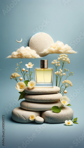 A vertical, stylized of a perfume bottle resting on a rough-textured stack of white stones. The perfume bottle is clear