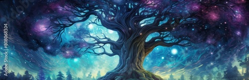 A medieval tapestry of a massive tree in the middle of a forest surrounded by elvish castles, Blue and Purple throughout, Night sky photo