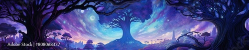 A medieval tapestry of a massive tree in the middle of a forest surrounded by elvish castles, Blue and Purple throughout, Night sky photo