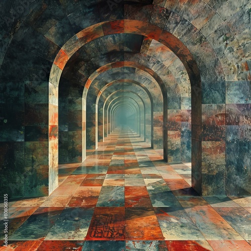 Never-ending stone corridor with colorful tiles