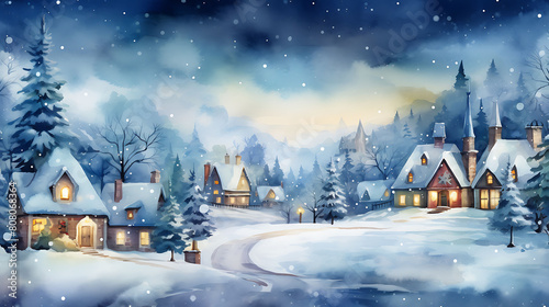 Create a watercolor background of a snow-covered village during the holiday season © Sunny