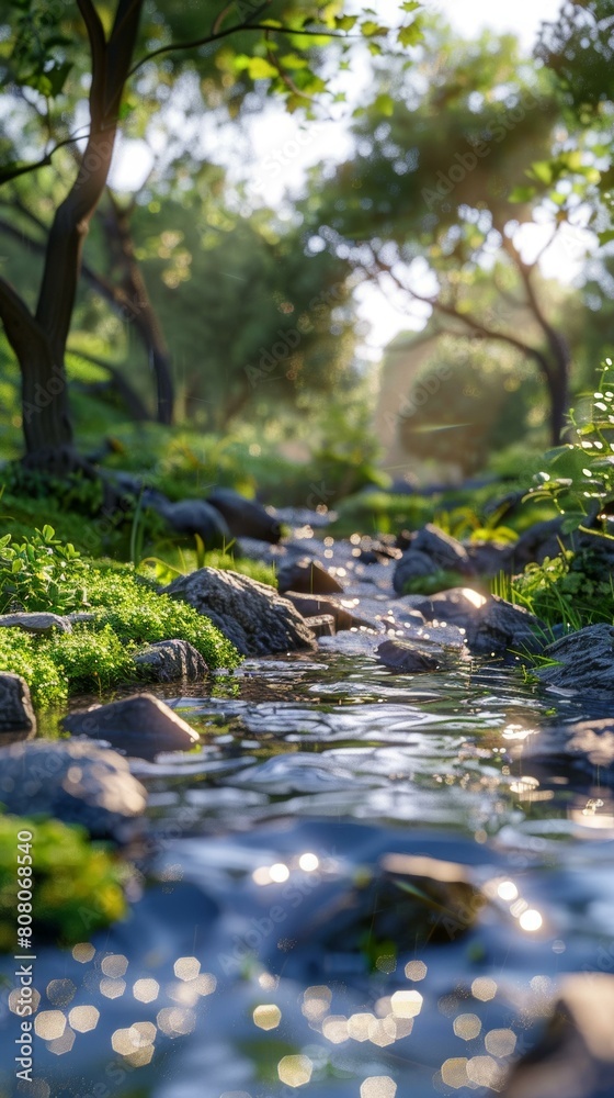 Fototapeta premium Small river flowing through a lush sunlit forest