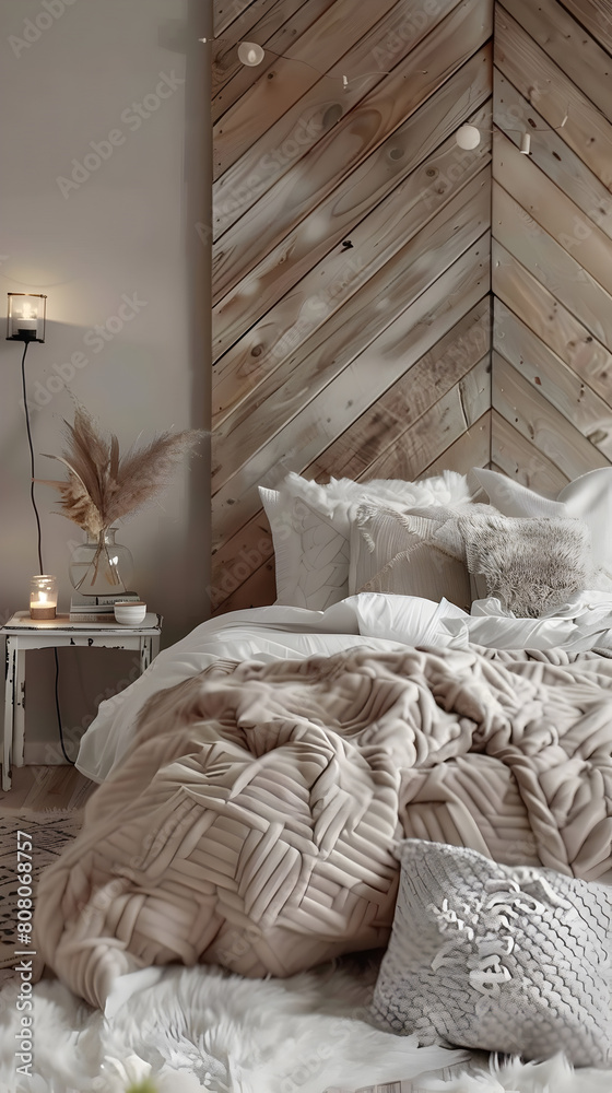 A bedroom with a wooden headboard and a white bed with a white comforter. The bed is surrounded by pillows and a blanket