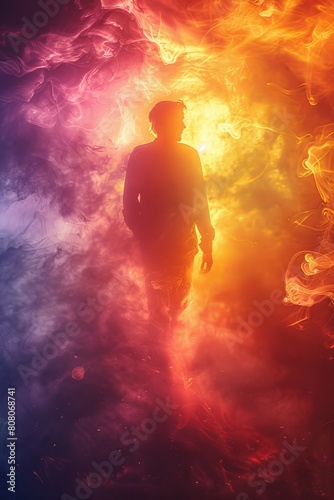 silhouette of man in color energy field  human aura