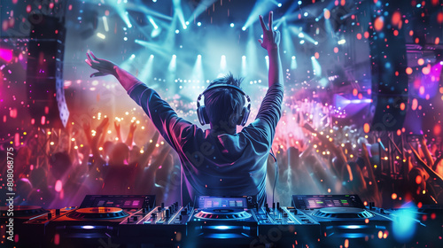 DJ Mixing in Front of Crowd at Music Festival photo