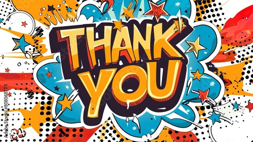 "THANK YOU" logo in comic book grateful speech bubble, white background