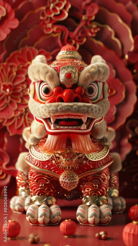 3D rendering of a Chinese lion statue with red and gold accents 3D rendering of a Chinese lion statue with red and gold accents