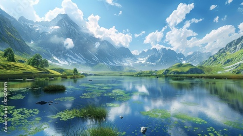 Mountains and lake landscape with green hills and blue sky