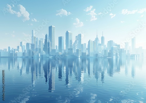 Blue cityscape with skyscrapers and water reflection