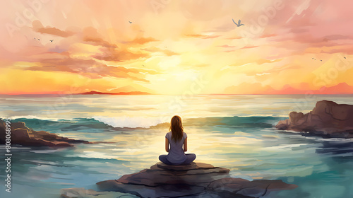 Create a watercolor background of a serene yoga session on a beach at sunrise © Graphics Bar