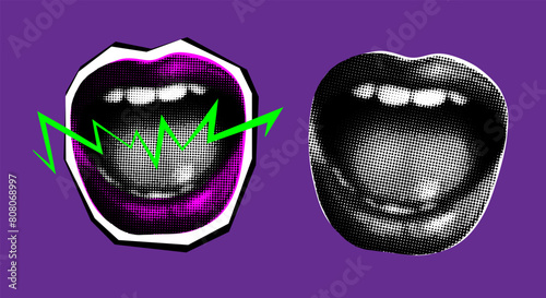 Set of halftone open mouth in scream. Collage design lips in trendy Y2K magazine style. Vector illustration with crazy punk cutout element.