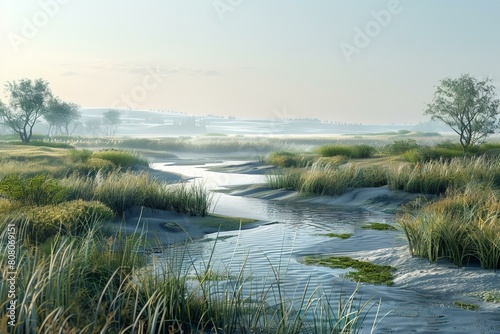 A tranquil river meanders through a vast marshland.