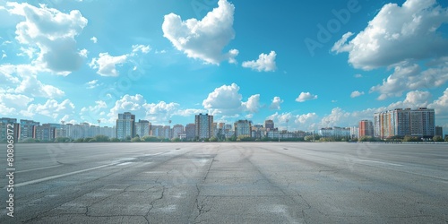 Cityscape image of a large empty parking lot on a sunny day with blue sky and white clouds photo