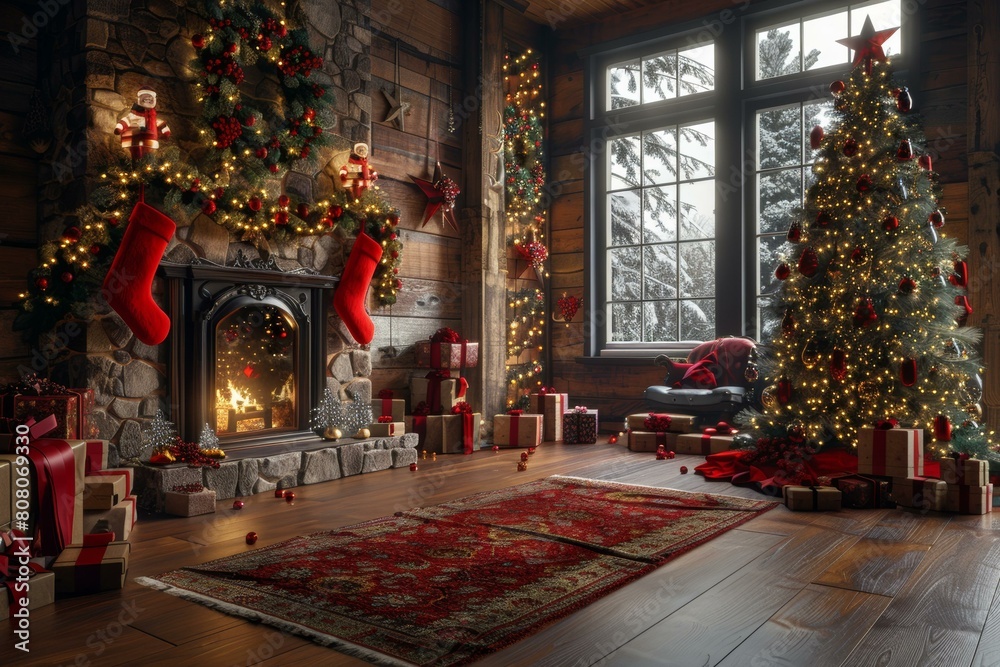 Christmas living room with presents under the tree