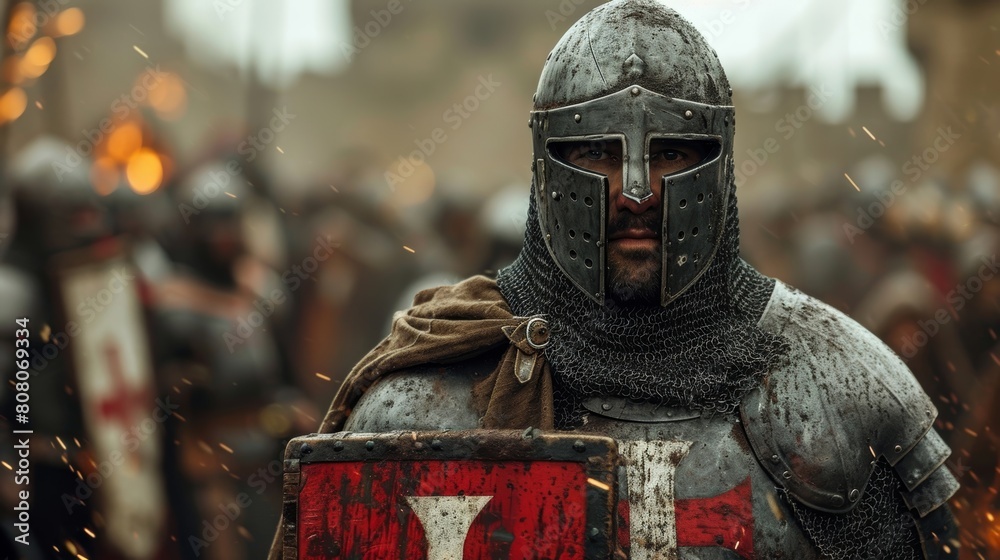 a medieval Templar knight with shield and templar logo, with a castle in the background a medieval Templar knight with shield and templar logo, with a castle in the background
