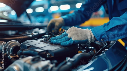 Car engine repair service. Auto mechanic in blue uniform fixing automobile motor. photo