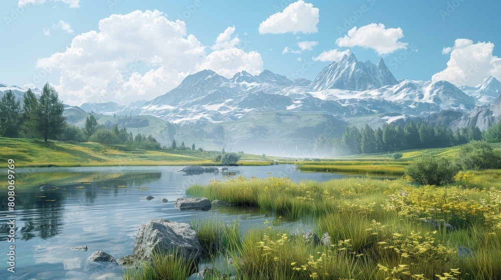 Tranquil mountain lake and lush green field landscape