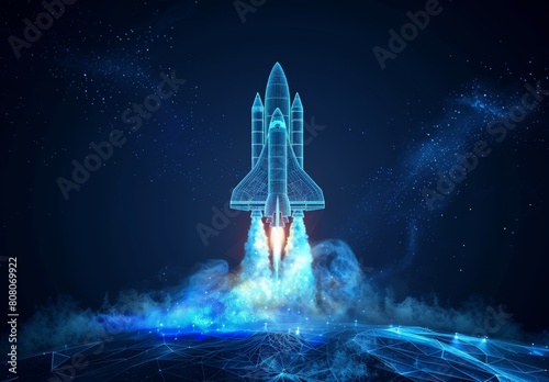 Abstract space shuttle launches into space, glowing rocket, smoke, digital start-up success concept. Low poly wireframe 3D vector illustration, technology blue, dark background. photo