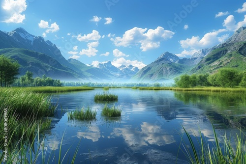 Mountains  lake and green field landscape