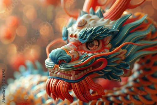 A majestic blue and red dragon with intricate details and patterns.