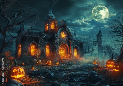 Spooky Haunted House With Pumpkins At Night