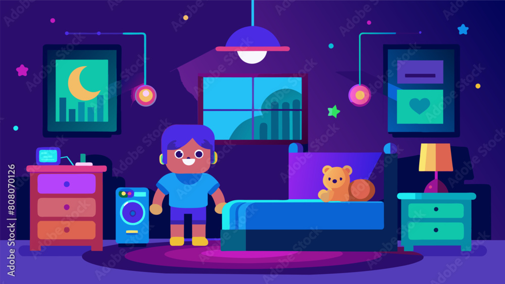 This bedroom is any childs dream come true with a magical touch lights that can change colors based on their mood a TV that responds to their voice. Vector illustration This bedroom is any childs dream come true with a magical touch lights that can change colors based on their mood a TV that responds to their voice. Vector illustration