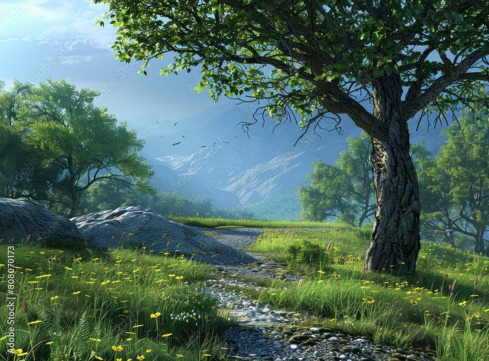 fantasy landscape with a large tree in the foreground and mountains in the background