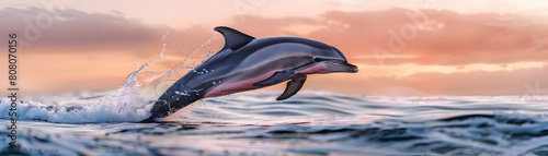A dolphin is jumping out of the water. The sky is pink and the water is blue photo