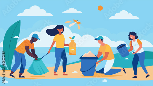 A group of coworkers organizing a beach cleanup day collecting trash and promoting a clean and healthy ocean..