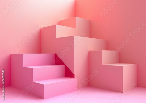 Pink geometric shapes form staircase against pink background