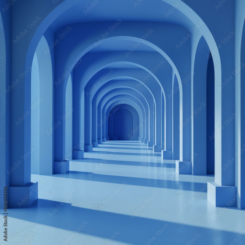 Blue 3D rendered hallway with arches