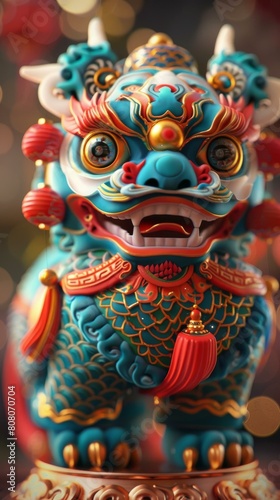 A blue and green Chinese guardian lion statue with red accents © duyina1990