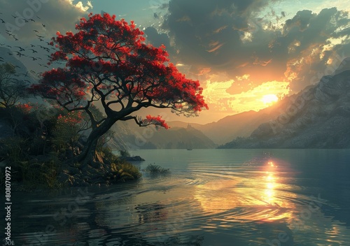 Fantasy landscape with a red tree by the lake