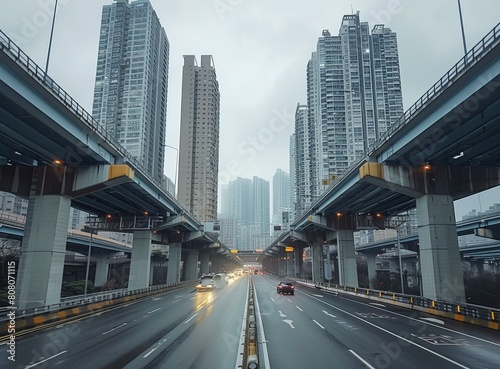 A wide shot of a busy urban highway interchange with skyscrapers in the background