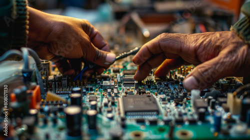 The focused hands of an expert technician skillfully repairing advanced electronic components, highlighting precision and technology.