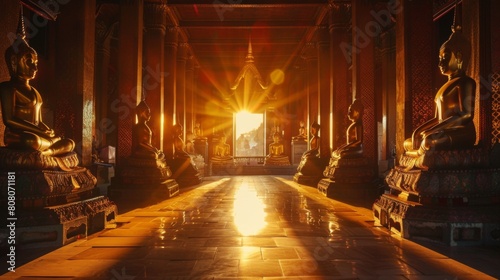 Shadows of Buddha statues stretching across temple floors during golden hour photo