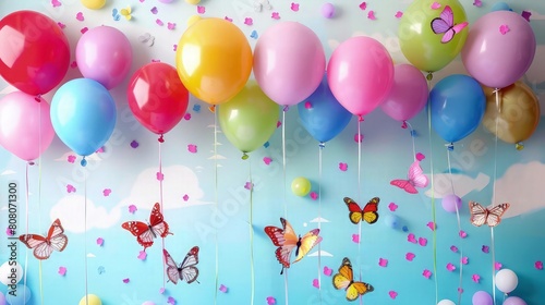 A whimsically stunning dye display or balloons and butterflies on white background beautiful festival birthday party background 