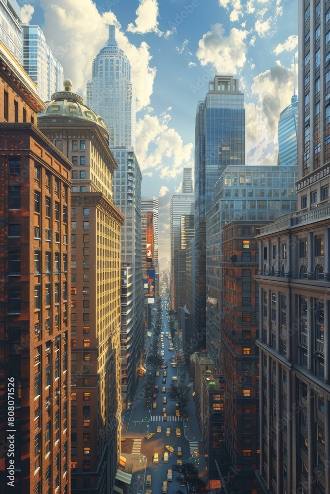 A bustling city street with skyscrapers and traffic