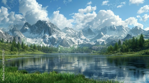 Mountains, lake and forest landscape