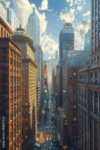 A bustling city street with skyscrapers and traffic