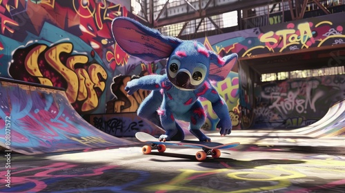 A whimsical scene of stitch on skating in street 