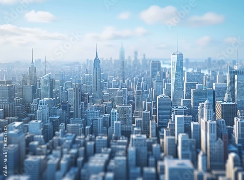 A miniature model of a city with skyscrapers and a blue sky